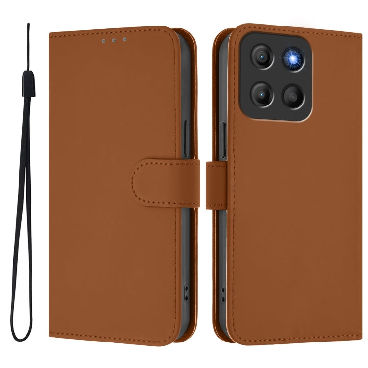 For Motorola Moto G15 Skin Feel Solid Color Leather Phone Case with Lanyard