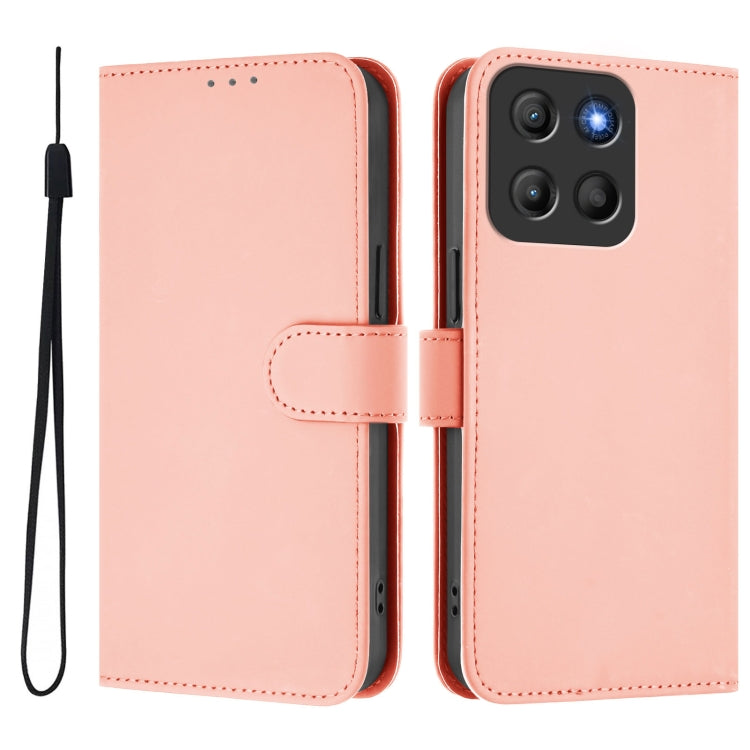 For Motorola Moto G15 Skin Feel Solid Color Leather Phone Case with Lanyard
