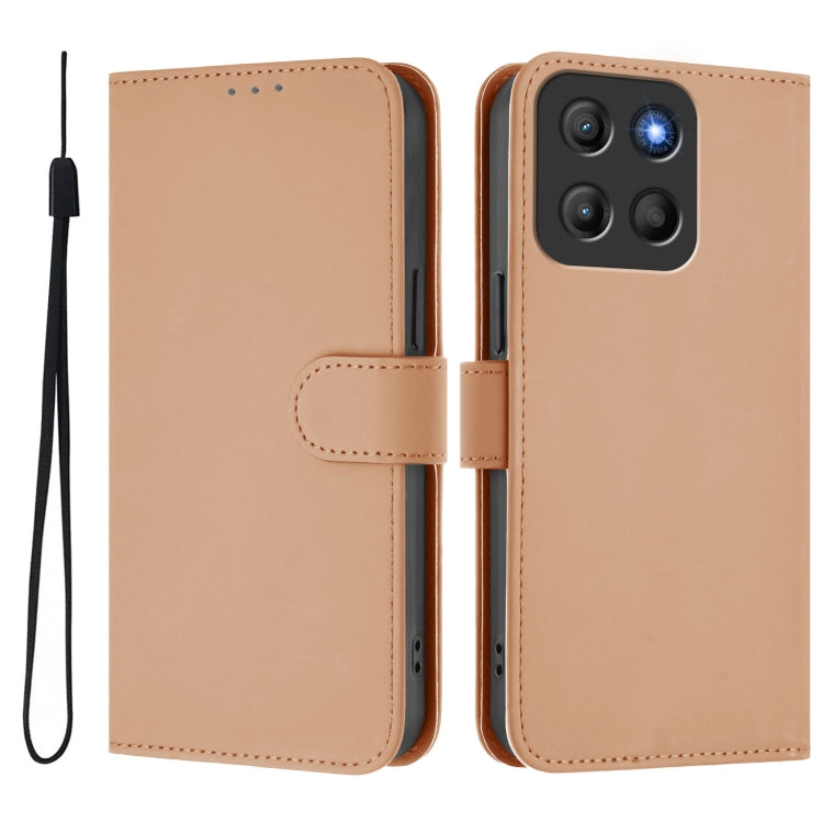 For Motorola Moto G15 Skin Feel Solid Color Leather Phone Case with Lanyard
