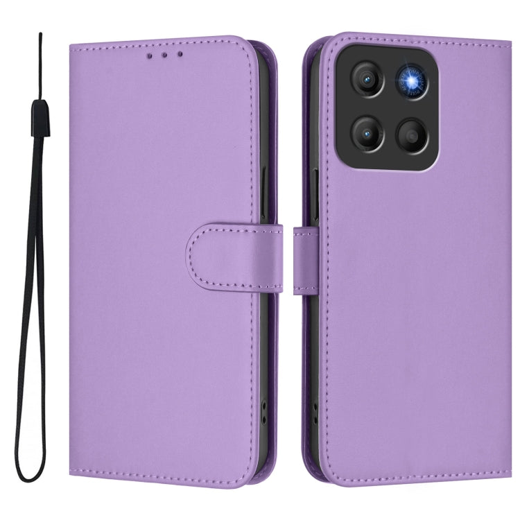 For Motorola Moto G15 Skin Feel Solid Color Leather Phone Case with Lanyard