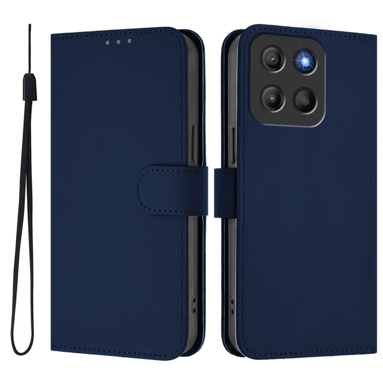 For Motorola Moto G15 Skin Feel Solid Color Leather Phone Case with Lanyard