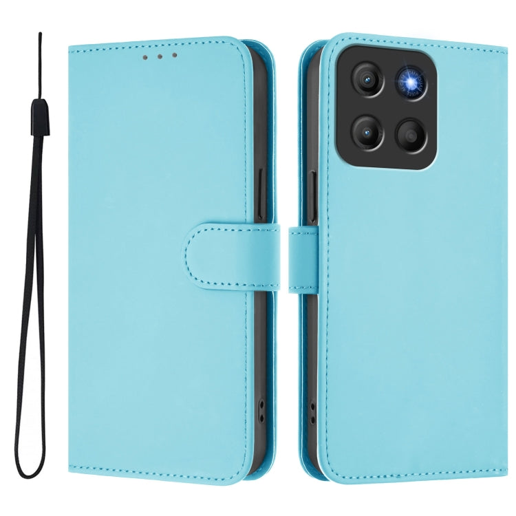 For Motorola Moto G15 Skin Feel Solid Color Leather Phone Case with Lanyard