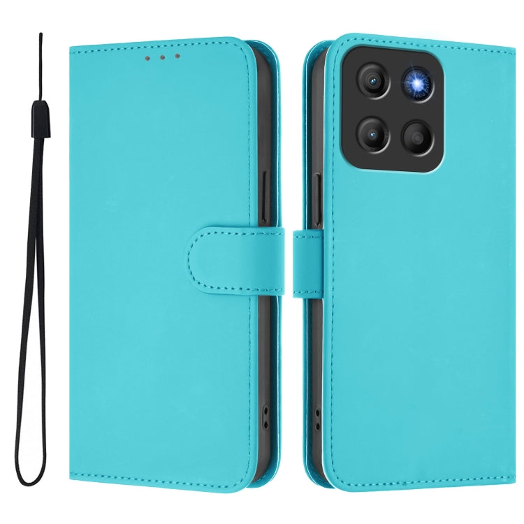 For Motorola Moto G15 Skin Feel Solid Color Leather Phone Case with Lanyard