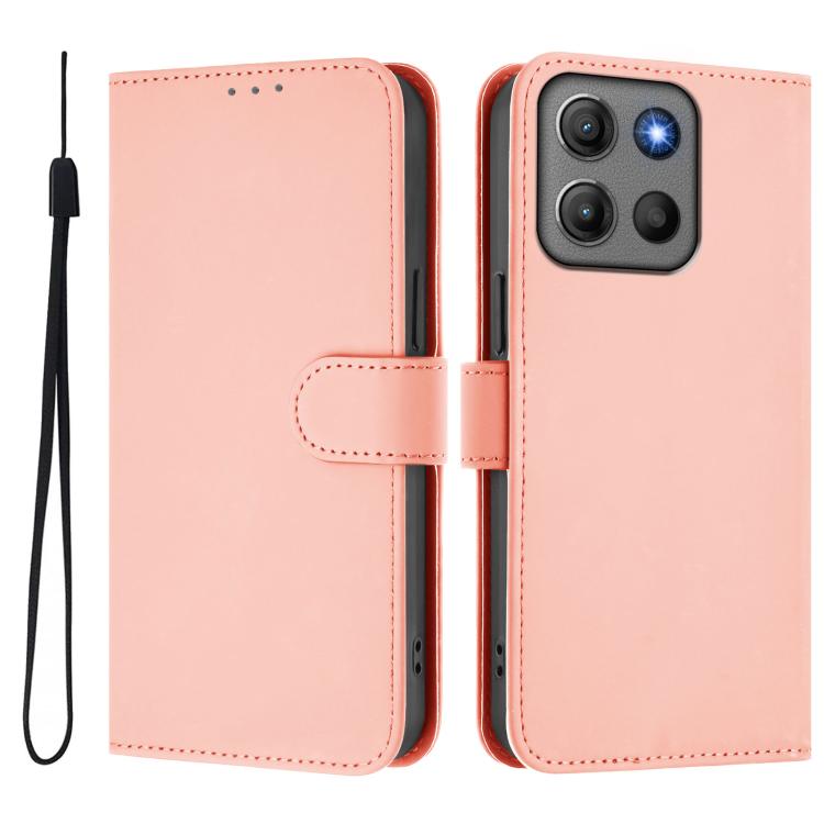For Motorola Moto G15 Power Skin Feel Solid Color Leather Phone Case with Lanyard