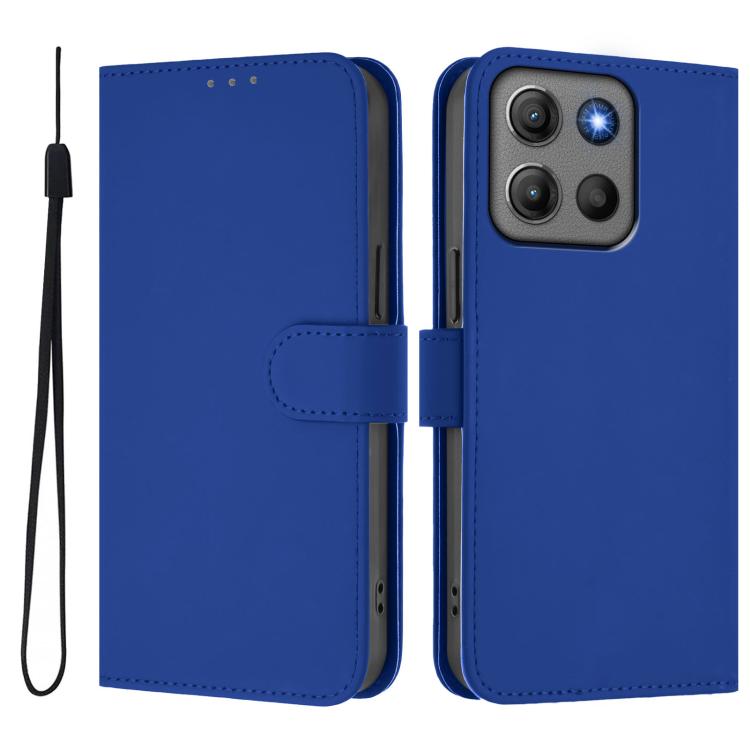 For Motorola Moto G15 Power Skin Feel Solid Color Leather Phone Case with Lanyard