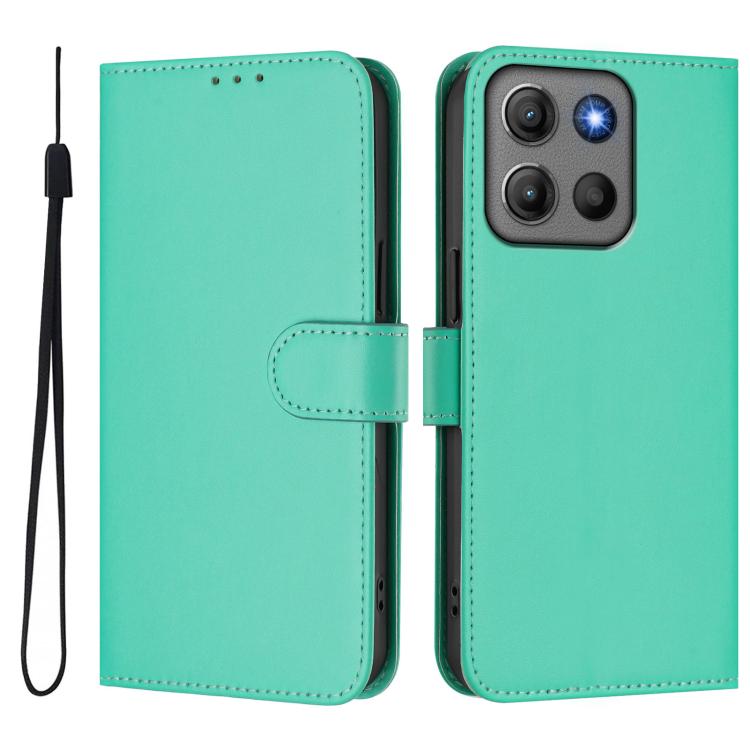 For Motorola Moto G15 Power Skin Feel Solid Color Leather Phone Case with Lanyard