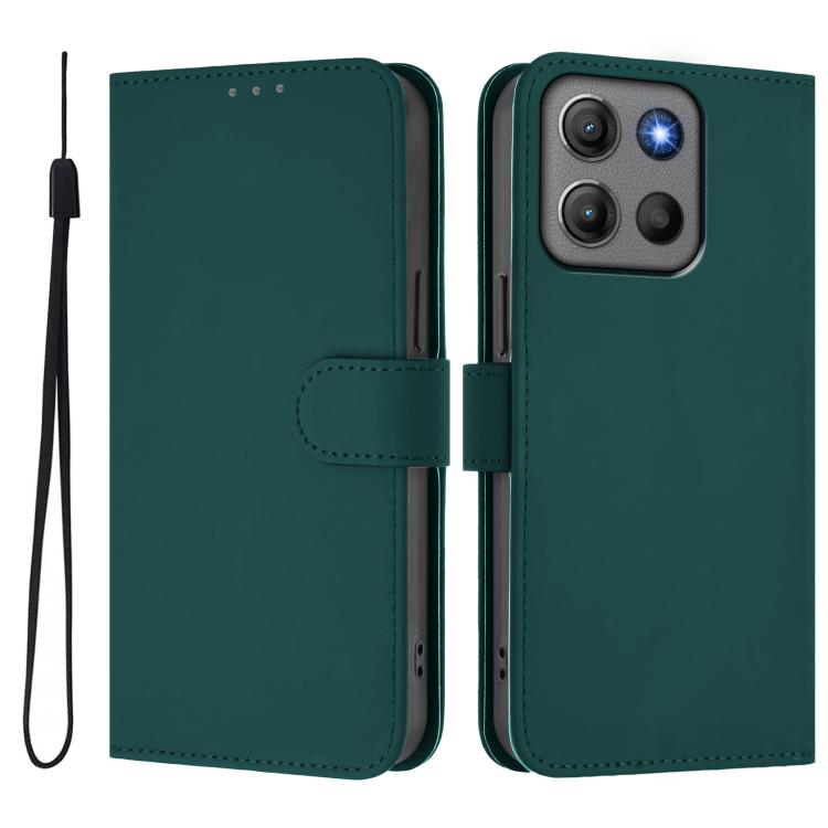 For Motorola Moto G15 Power Skin Feel Solid Color Leather Phone Case with Lanyard
