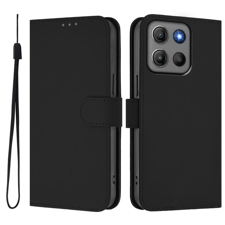 For Motorola Moto G15 Power Skin Feel Solid Color Leather Phone Case with Lanyard