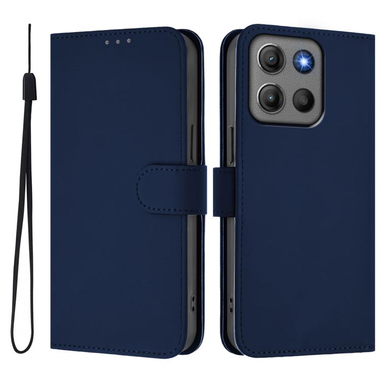 For Motorola Moto G15 Power Skin Feel Solid Color Leather Phone Case with Lanyard