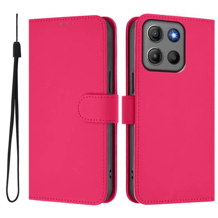 For Motorola Moto G15 Power Skin Feel Solid Color Leather Phone Case with Lanyard