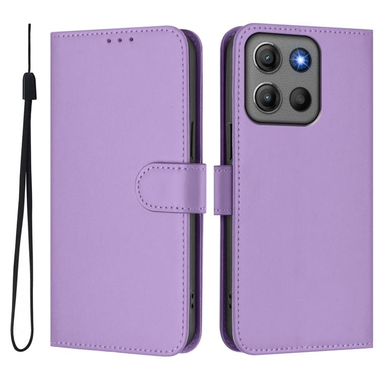 For Motorola Moto G17 4G / G15 Skin Feel Solid Color Leather Phone Case with Lanyard