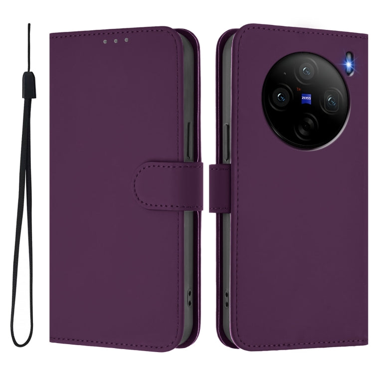 For vivo X100S 5G Skin Feel Solid Color Leather Phone Case with Lanyard