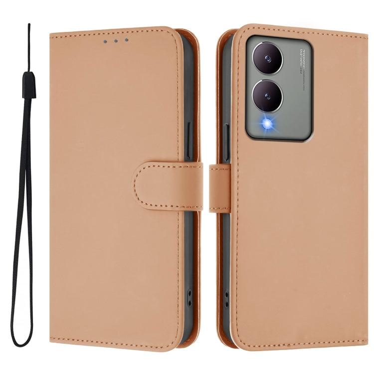 For vivo Y17S 4G Global Skin Feel Solid Color Leather Phone Case with Lanyard