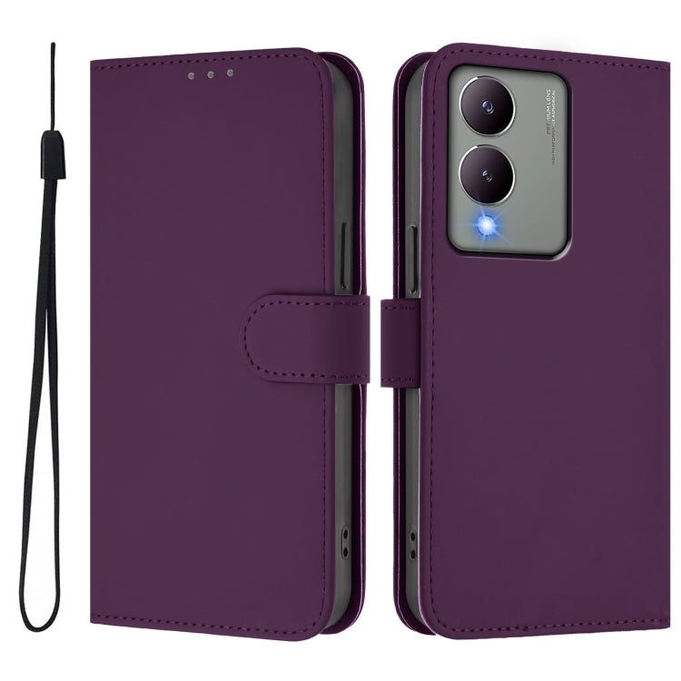 For vivo Y17S 4G Global Skin Feel Solid Color Leather Phone Case with Lanyard
