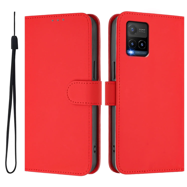 For vivo Y33S 4G Global / Y21 2021 Skin Feel Solid Color Leather Phone Case with Lanyard