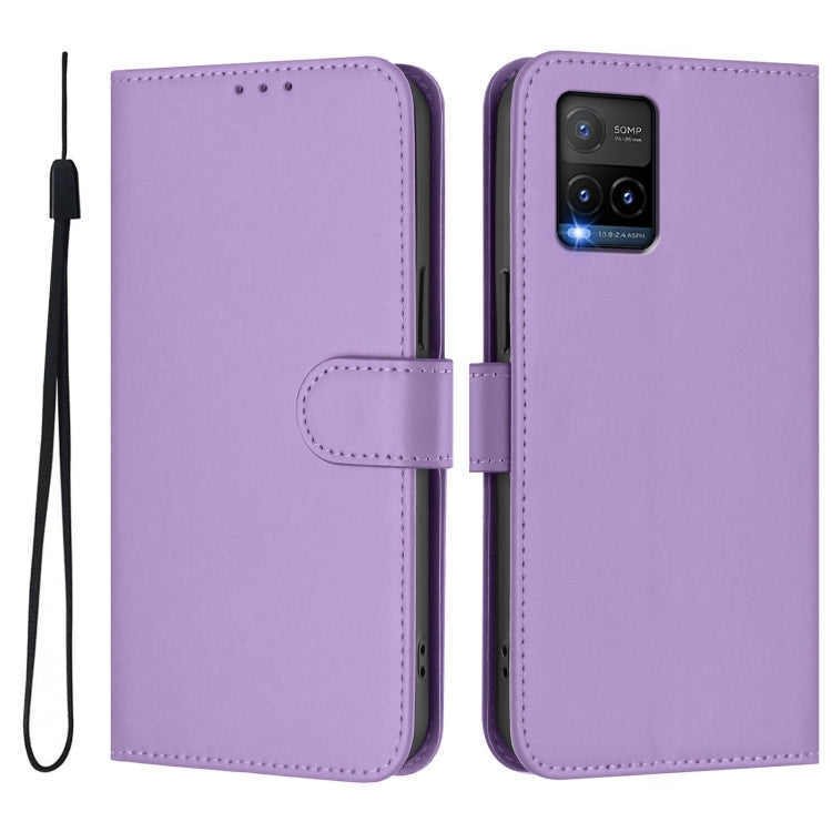 For vivo Y33S 4G Global / Y21 2021 Skin Feel Solid Color Leather Phone Case with Lanyard