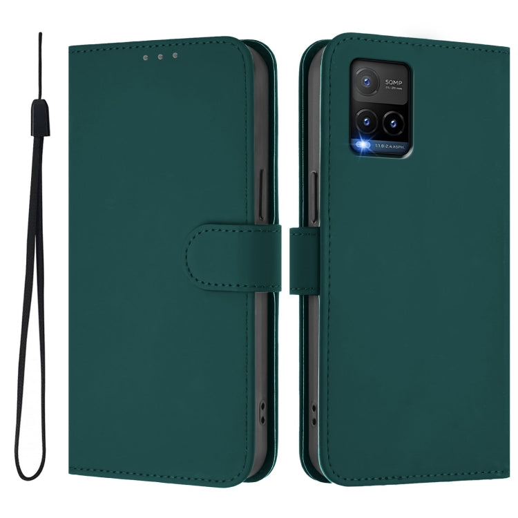 For vivo Y33S 4G Global / Y21 2021 Skin Feel Solid Color Leather Phone Case with Lanyard