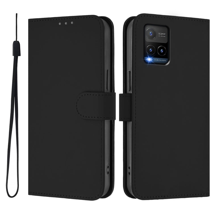 For vivo Y33S 4G Global / Y21 2021 Skin Feel Solid Color Leather Phone Case with Lanyard