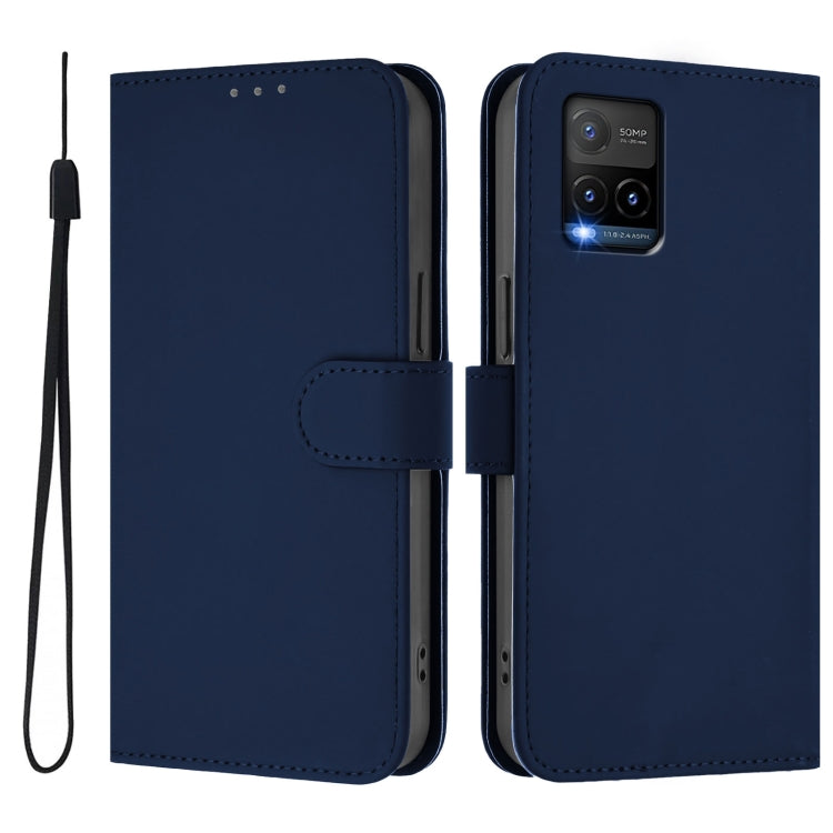 For vivo Y33S 4G Global / Y21 2021 Skin Feel Solid Color Leather Phone Case with Lanyard