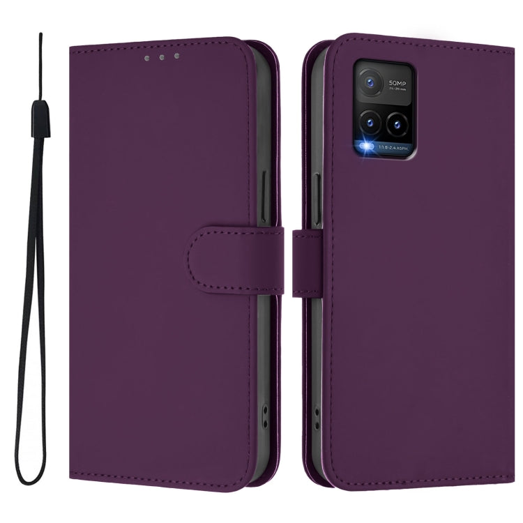 For vivo Y33S 4G Global / Y21 2021 Skin Feel Solid Color Leather Phone Case with Lanyard