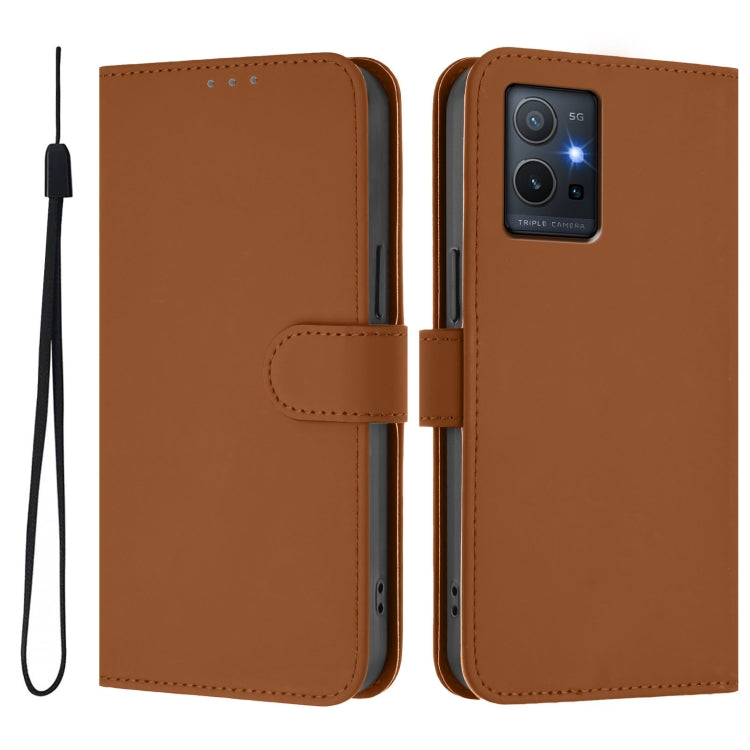 For vivo Y55S 2023 5G / Y55 5G Global Skin Feel Solid Color Leather Phone Case with Lanyard