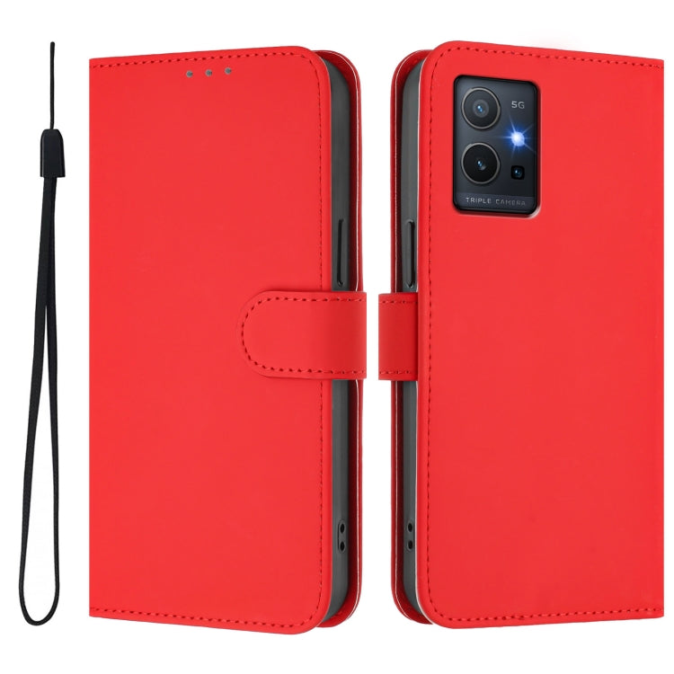 For vivo Y55S 2023 5G / Y55 5G Global Skin Feel Solid Color Leather Phone Case with Lanyard