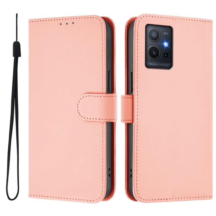 For vivo Y55S 2023 5G / Y55 5G Global Skin Feel Solid Color Leather Phone Case with Lanyard