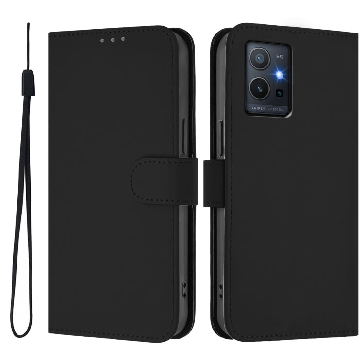 For vivo Y55S 2023 5G / Y55 5G Global Skin Feel Solid Color Leather Phone Case with Lanyard