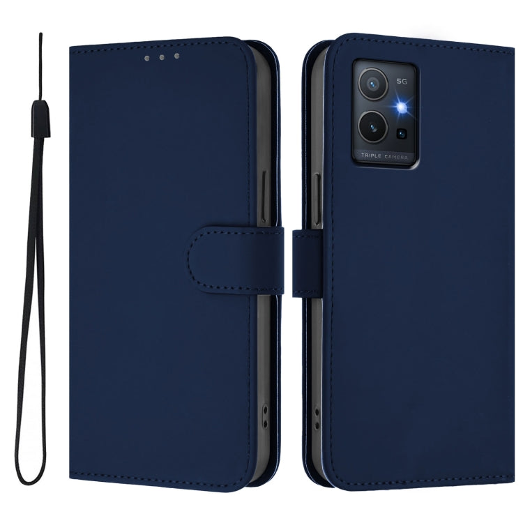For vivo Y55S 2023 5G / Y55 5G Global Skin Feel Solid Color Leather Phone Case with Lanyard
