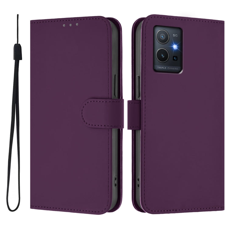 For vivo Y55S 2023 5G / Y55 5G Global Skin Feel Solid Color Leather Phone Case with Lanyard