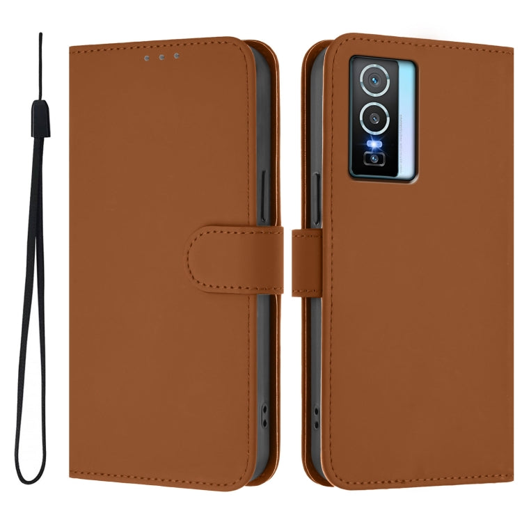 For vivo Y76 5G Skin Feel Solid Color Leather Phone Case with Lanyard