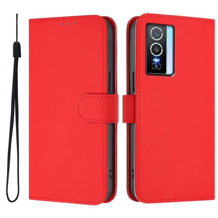 For vivo Y76 5G Skin Feel Solid Color Leather Phone Case with Lanyard