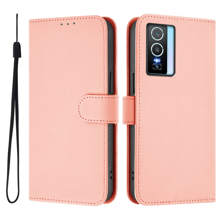 For vivo Y76 5G Skin Feel Solid Color Leather Phone Case with Lanyard