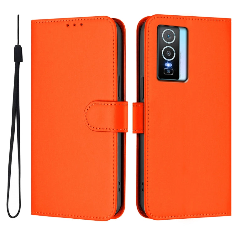 For vivo Y76 5G Skin Feel Solid Color Leather Phone Case with Lanyard
