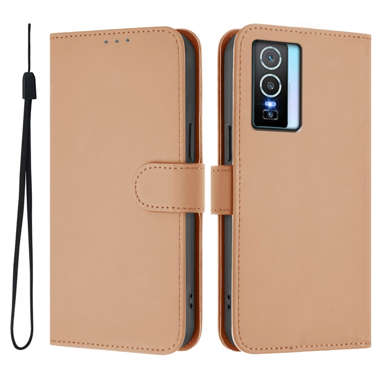 For vivo Y76 5G Skin Feel Solid Color Leather Phone Case with Lanyard