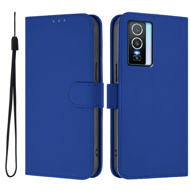 For vivo Y76 5G Skin Feel Solid Color Leather Phone Case with Lanyard