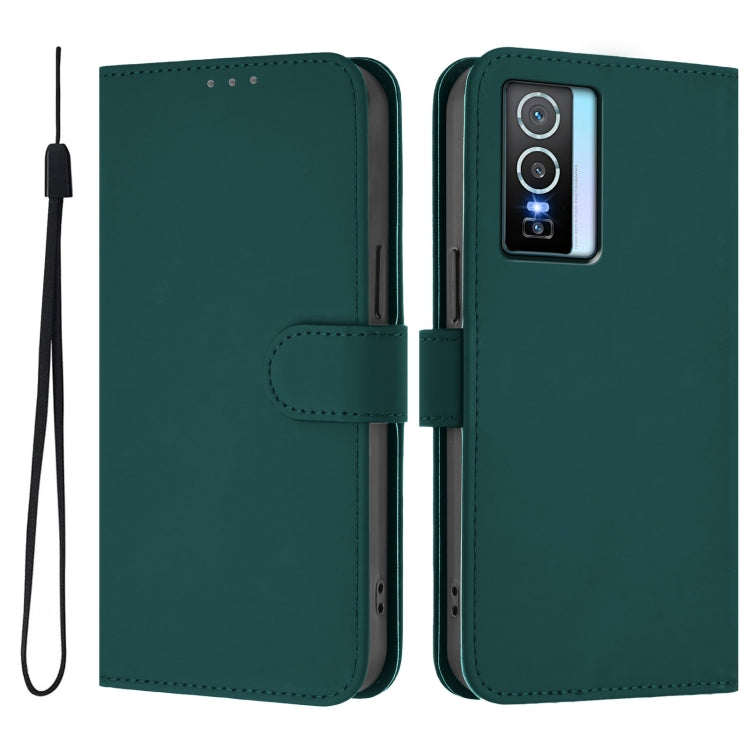 For vivo Y76 5G Skin Feel Solid Color Leather Phone Case with Lanyard