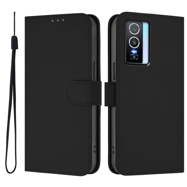 For vivo Y76 5G Skin Feel Solid Color Leather Phone Case with Lanyard
