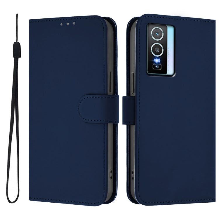 For vivo Y76 5G Skin Feel Solid Color Leather Phone Case with Lanyard