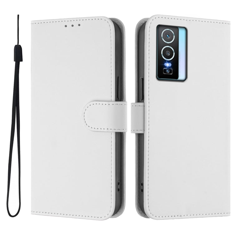 For vivo Y76 5G Skin Feel Solid Color Leather Phone Case with Lanyard