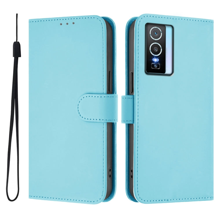 For vivo Y76 5G Skin Feel Solid Color Leather Phone Case with Lanyard