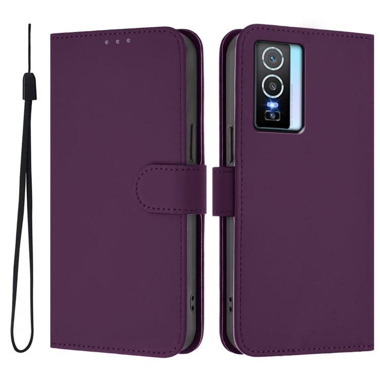For vivo Y76 5G Skin Feel Solid Color Leather Phone Case with Lanyard