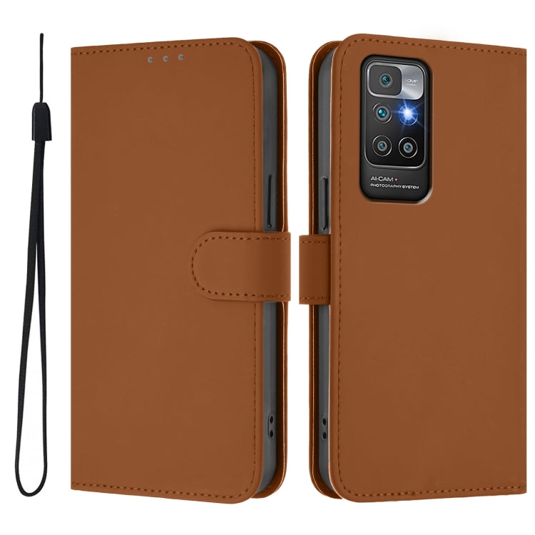 For Redmi 10 4G 2021 Global Skin Feel Solid Color Leather Phone Case with Lanyard