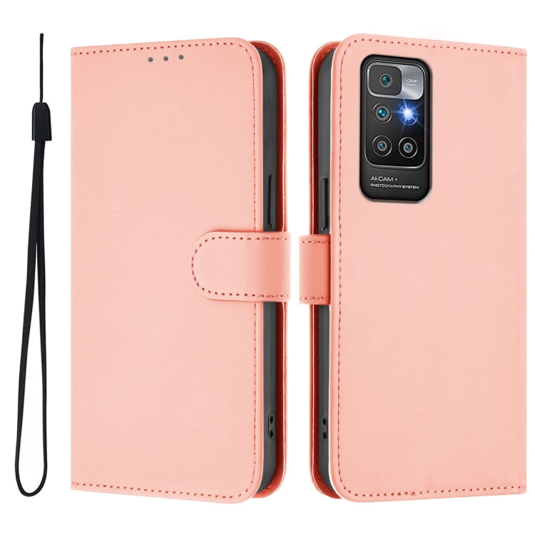 For Redmi 10 4G 2021 Global Skin Feel Solid Color Leather Phone Case with Lanyard