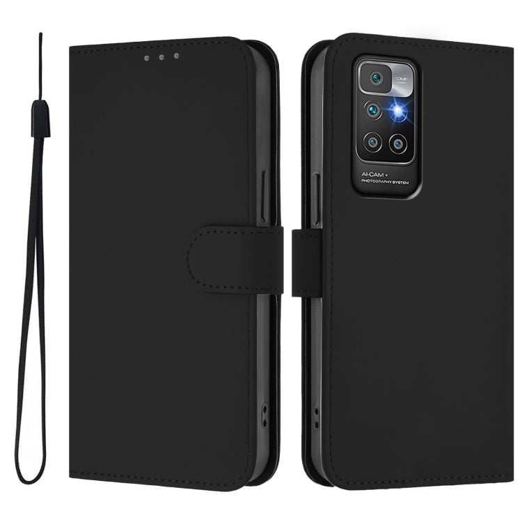 For Redmi 10 4G 2021 Global Skin Feel Solid Color Leather Phone Case with Lanyard