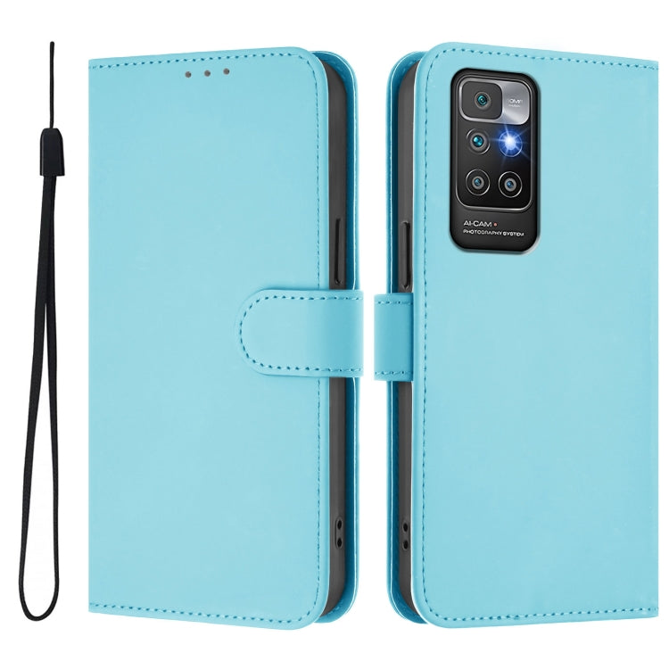 For Redmi 10 4G 2021 Global Skin Feel Solid Color Leather Phone Case with Lanyard