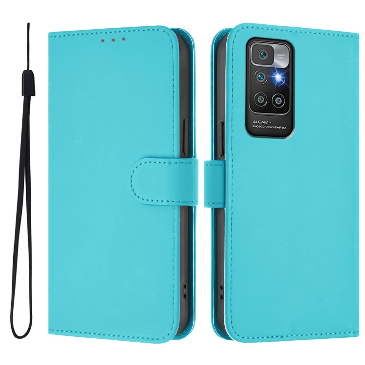 For Redmi 10 4G 2021 Global Skin Feel Solid Color Leather Phone Case with Lanyard