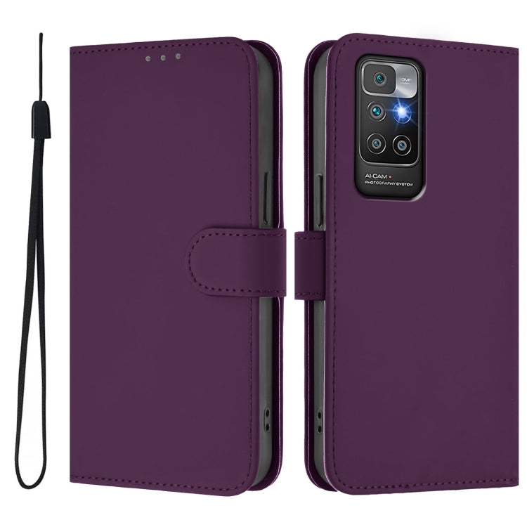 For Redmi 10 4G 2021 Global Skin Feel Solid Color Leather Phone Case with Lanyard