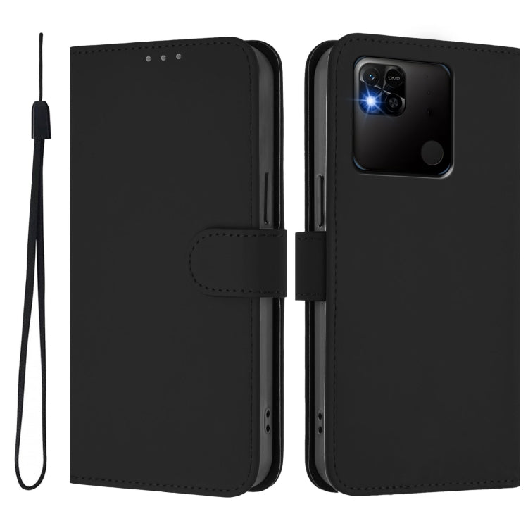 For Redmi 10A Skin Feel Solid Color Leather Phone Case with Lanyard