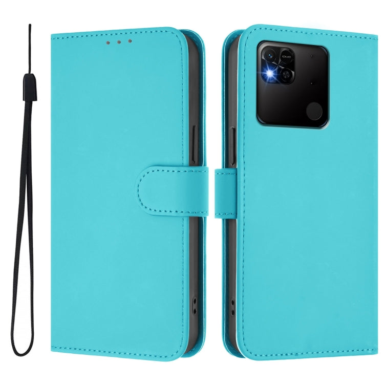 For Redmi 10A Skin Feel Solid Color Leather Phone Case with Lanyard